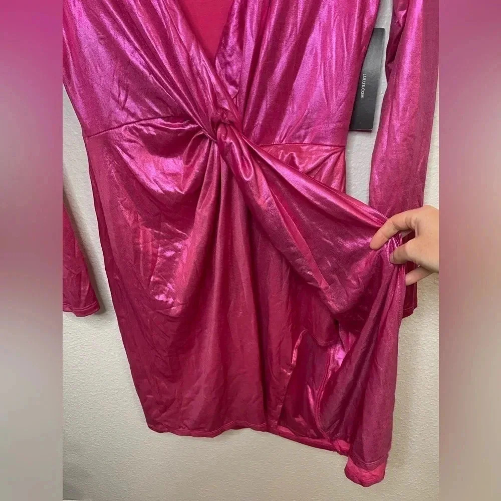 NWT Lulus Glow Like Me Hot Pink Metallic Twist-Front Long Sleeve Dress - Picture 12 of 13